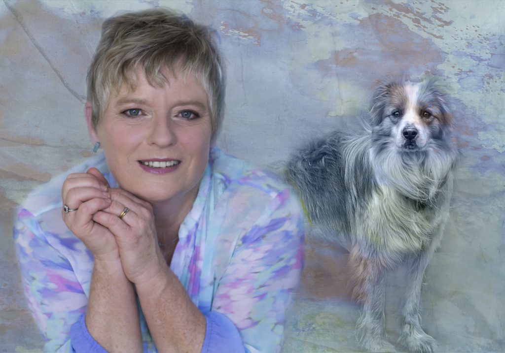 A composite of a woman and her loving dog