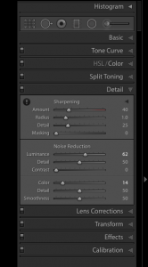 A screen shot of the lightRoom sliders used t reduce noise in post-processing