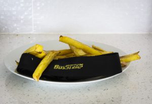 A photo of a BosSTRAP and potato chips on a plate
