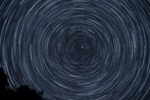 A photograph of star trails showing the circular movement of stars