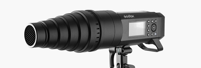 The Godox AD400Pro fitted with a snoot