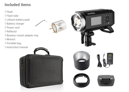 A photo of the items included when you purchase when you buy the Godox AD400Pro
