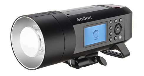 The Godox AD400Pro Strobe light showing control panel and front reflector