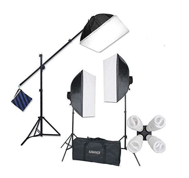 Image showing the entire StudioFX H9004SB2 2400 Watt Lighting kit with softboxes and boom arm assembled plus the carry bag