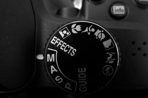 A photo showing the mode selector on a modern DSLR with the three manual mode options - manual, aperture and shutter