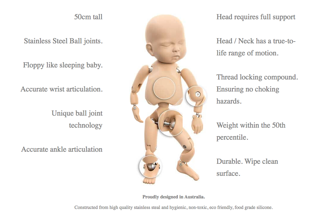 A photo showing the key features of the StanInBaby with detail of the stainless steel joints.