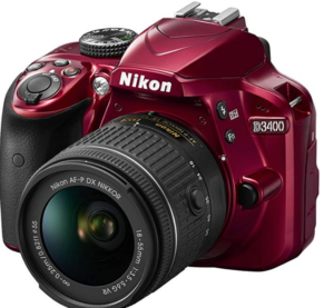 Three dimensional view of a red Nikon D3400 DSLR camera fitted with the standard 18-55 kit lens