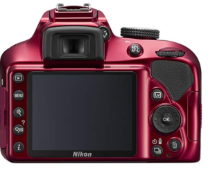 The rear view of the Nikon D3400 DSLR entry level camera showing the large LCD screen and the various control buttons and comfortable viewfinder