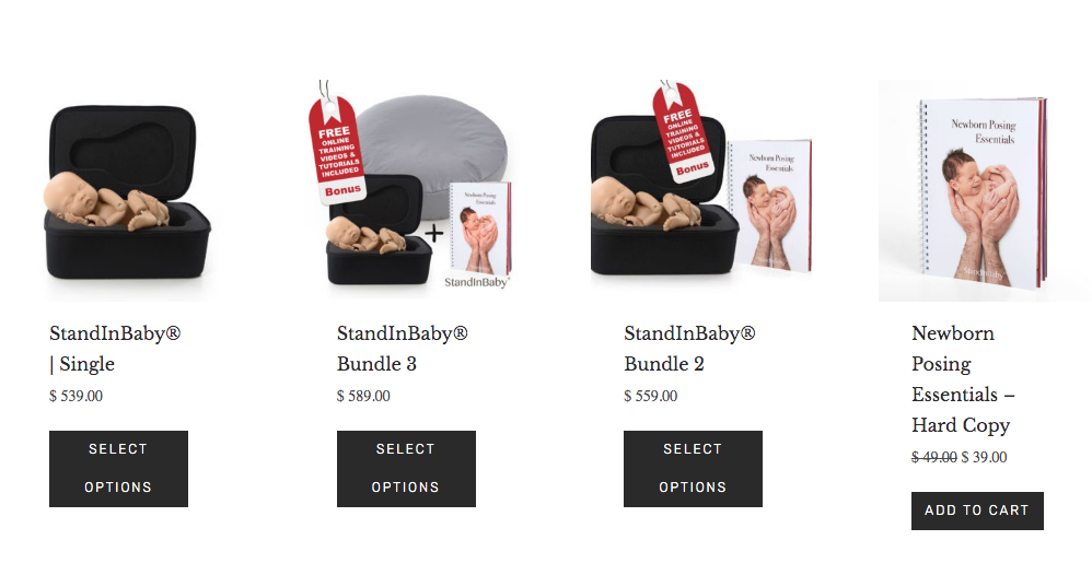 Images of the StandInBaby packages of SIB, posing book and video training, recommended for Newborn photographers