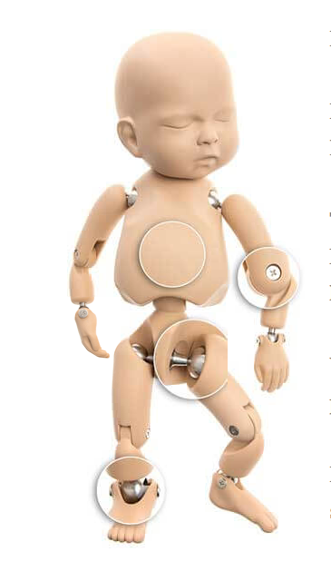 A detailed image of the StandInBaby showing a full-size doll with detail of the engineering details of the realistic moving parts (Arms, elbows, wrists, legs, knees, ankle, hips and head)