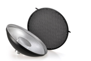An aluminium beauty dish with a grid diffuser