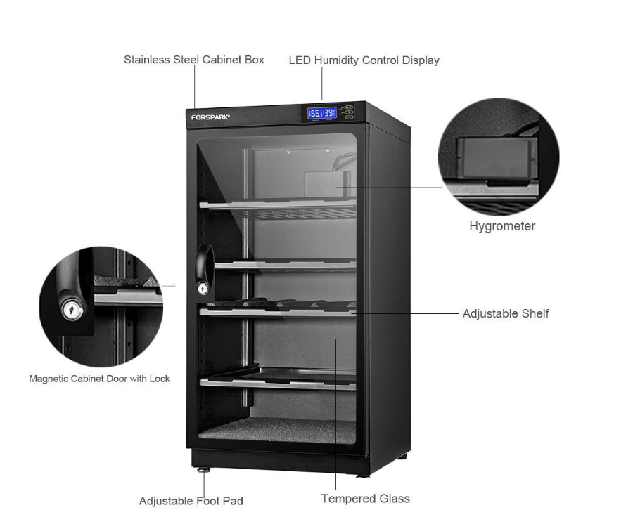 An image of the built-in features that come with all FORSPARK camera dry dehumidifying cabinets