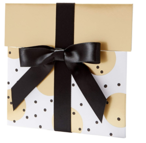 An image of an Amazon gold gift voucher wrapped with gold paper and a black ribbon