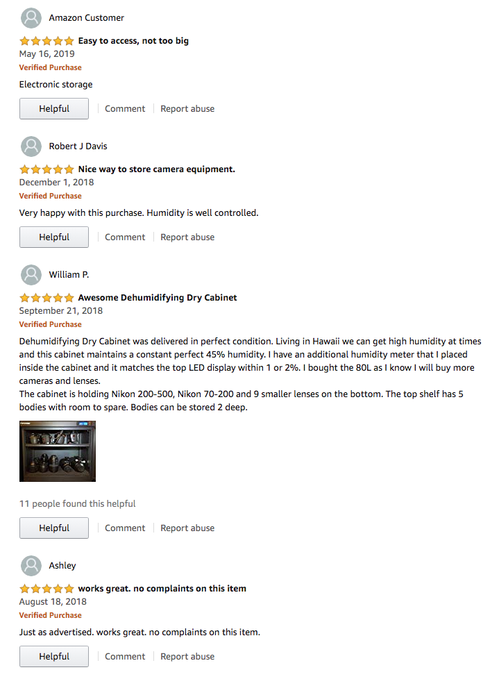 A screen shot of some of the more recent 5 star ratings customers have given the FORSPARK Camera Dry Cabinets they have purchased