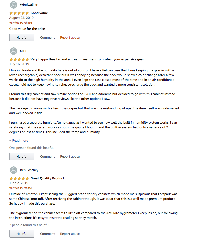 A screen shot of the latest reviews from customers - all giving the FORSPARK range of dehumidifying camera boxes a 5 star rating