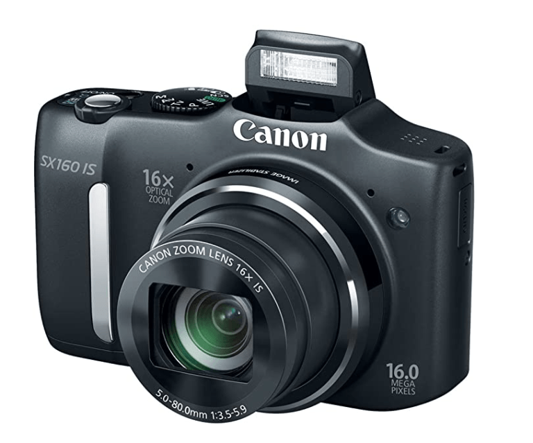 Best Point And Shoot Camera The Canon SX160 IS showing the front view with flash